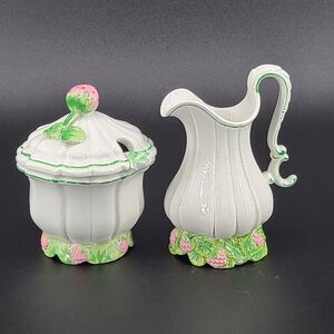 Vintage White Porcelain Cream Sugar Set Pink Strawberries Hand Painted Italy